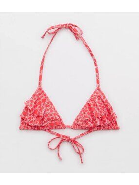 AERIE Ruffle String Triangle Bikini TopSz S Red White Hearts Printed Tie Back